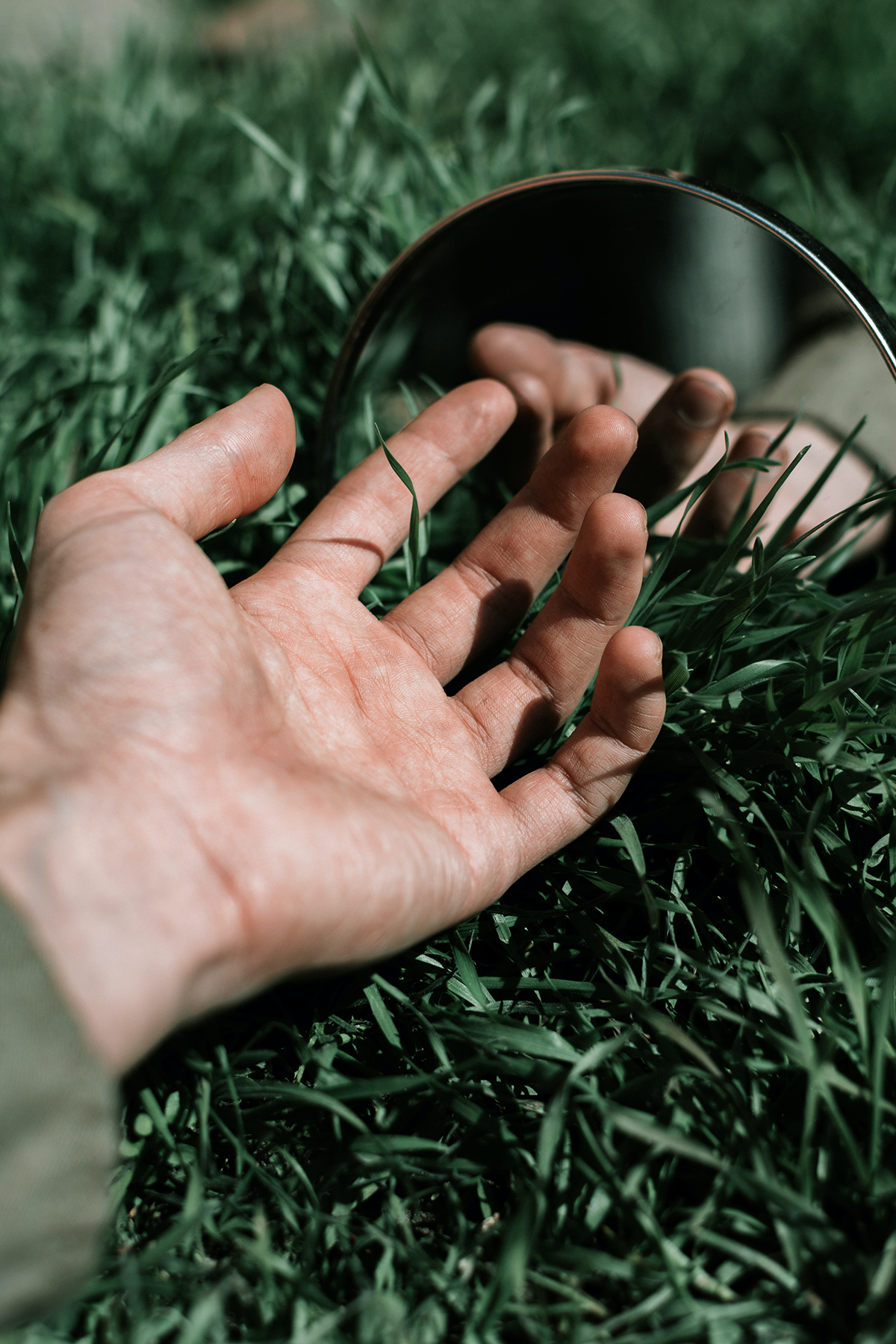 hand on grass with a mirror next to it showing the hand's reflection